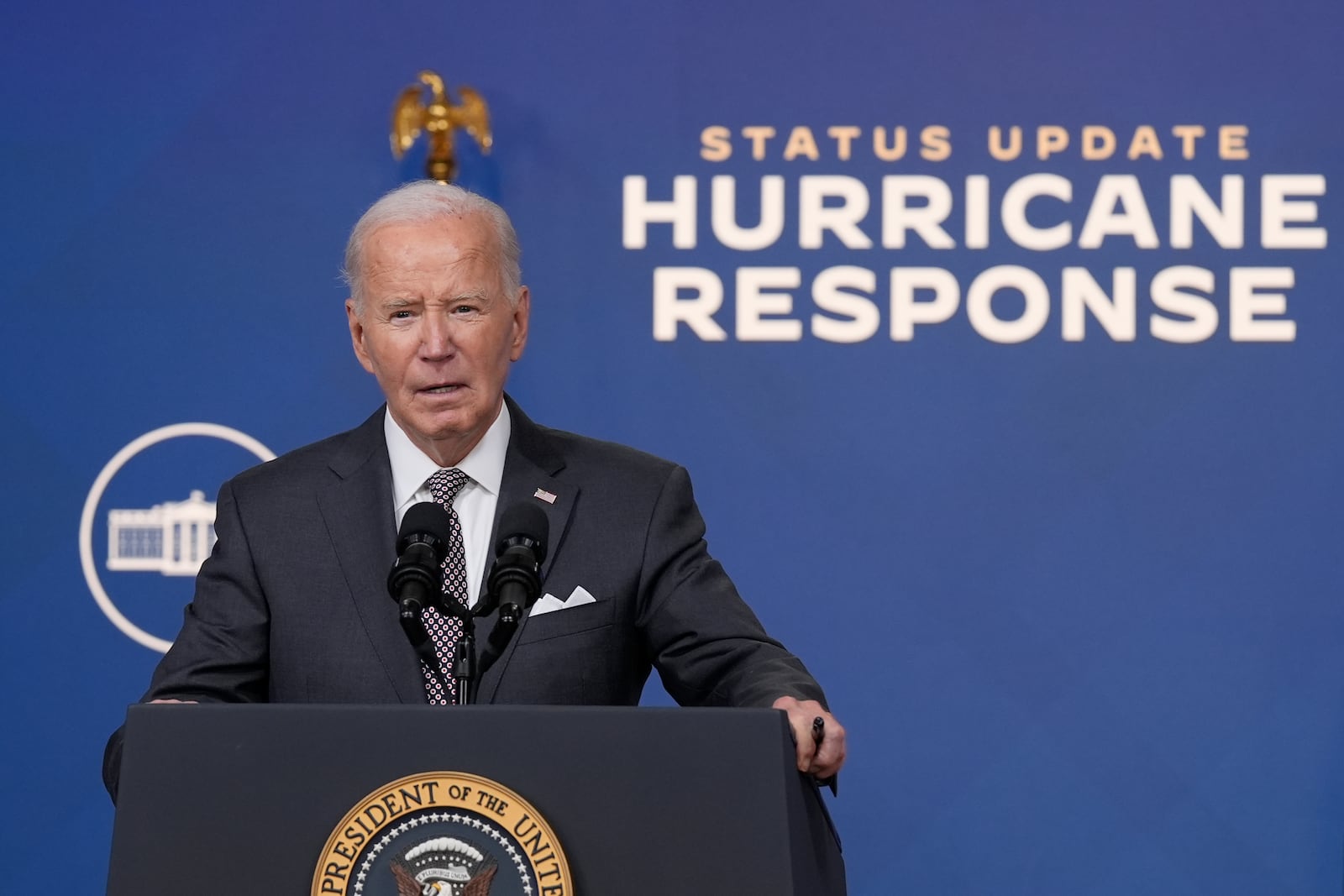 President Joe Biden speaks and gives an update on the impact and the ongoing response to Hurricane Milton, in the South Court Auditorium on the White House complex in Washington, Thursday, Oct. 10, 2024. (AP Photo/Susan Walsh)