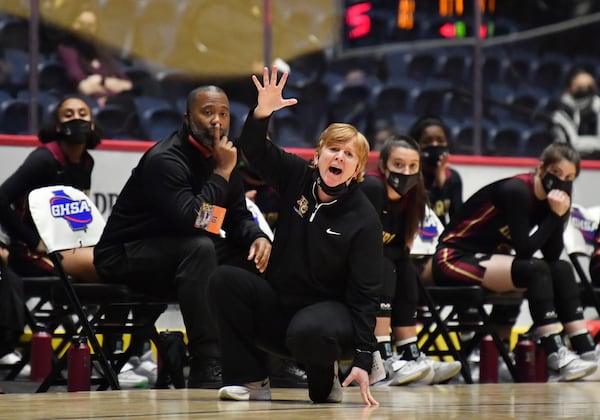 Hebron Christian's head coach Jan Azar shouts instructions during the Class A Private girls championship game Wednesday, March 10, 2021, at the Macon Centreplex in Macon. The Gwinnett school won the state title in overtime over St Francis. (Hyosub Shin / Hyosub.Shin@ajc.com)