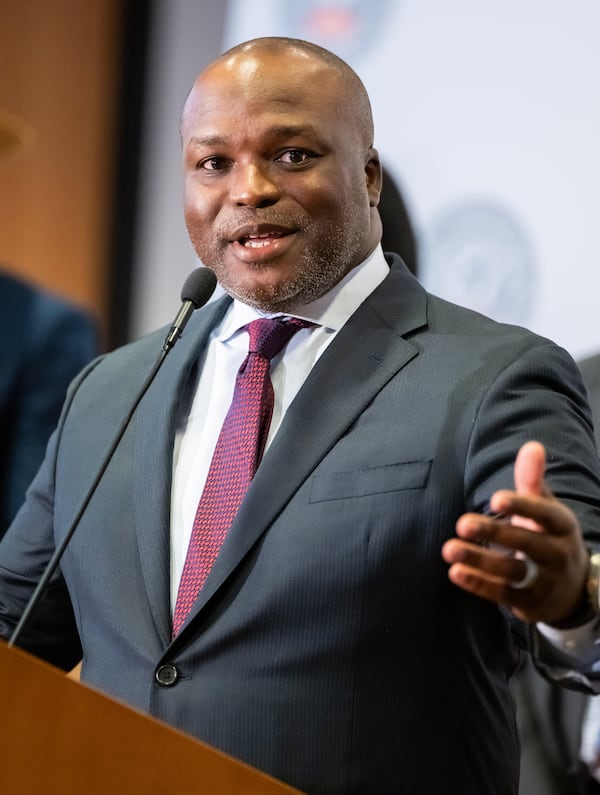 Bryan Johnson, the sole finalist for Atlanta Public Schools superintendent, speaks after being introduced at a press conference at APS headquarters in downtown Atlanta on Tuesday, June 18, 2024. 
(Bita Honarvar for The Atlanta Journal-Constitution)