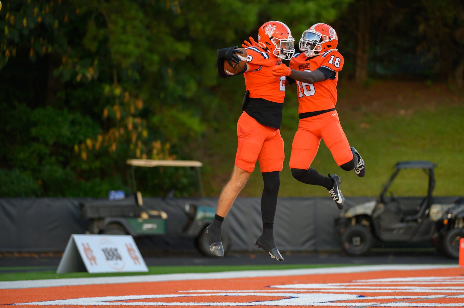 North Cobb’s Steele Ingram (2) and Malcolm Smith (16) celebrate a touchdown in the endzone during the game against McEachern in Kennesaw, GA on August 23, 2024 (Jamie Spaar for the Atlanta Journal Constitution)