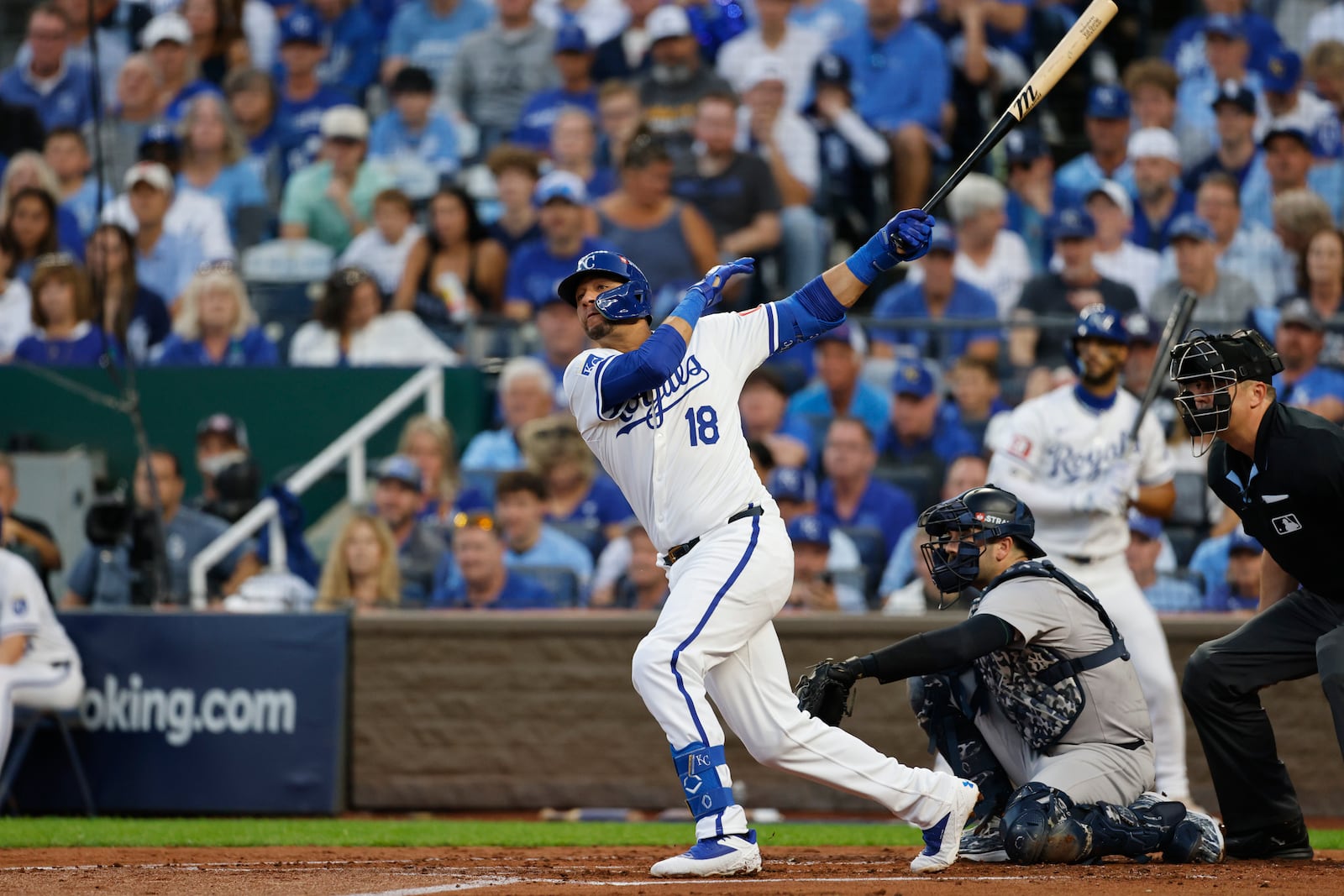 Kansas City Royals' Yuli Gurriel double during the second inning in Game 3 of an American League Division baseball playoff series against the New York Yankees Wednesday, Oct. 9, 2024, in Kansas City, Mo. (AP Photo/Colin Braley)