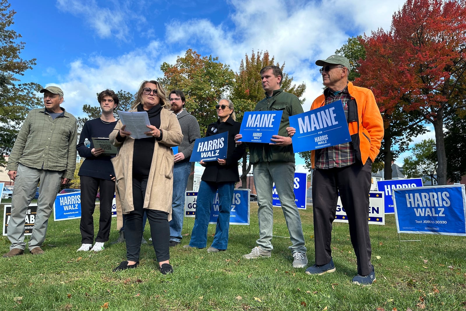 Maine House Assistant Majority Leader Kristen Cloutier speaks at an early voting rally for Vice President Kamala Harris's presidential campaign at Kennedy Park in Lewiston, Maine, on Tuesday, Oct. 15, 2024. (AP Photo/Patrick Whittle)