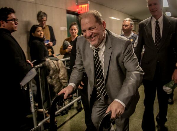 Harvey Weinstein leaves Manhattan’s Criminal Court after a key accuser in his rape trial testified Friday.