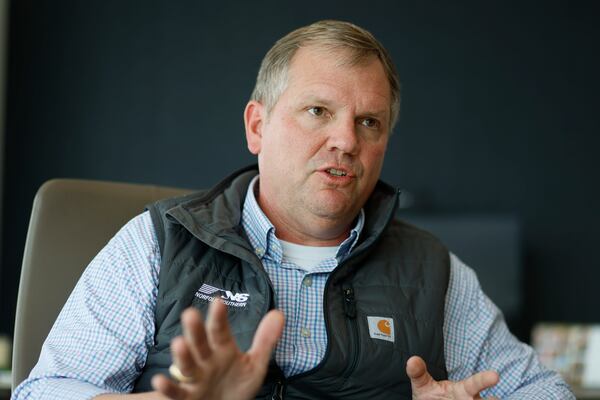 Norfolk Southern CEO Alan Shaw addresses AJC reporters Kelly Yamanouchi and Michael Kanell's inquiries during a Q&A session at the Norfolk Southern Headquarters in Atlanta on Tuesday, April 4, 2023. Miguel Martinez / miguel.martinezjimenez@ajc.com
