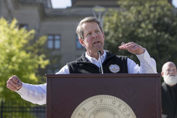 Gov. Brian Kemp speaks during a press conference at Liberty Plaza, across from the Georgia State Capitol building, on Wednesday, April 1, 2020. Kemp ordered all Georgia K-12 schools to remain closed until the end of this school year. He also said he will sign a stay-at-home order Thursday for all Georgians, in effect until April 13. (ALYSSA POINTER / ALYSSA.POINTER@AJC.COM)