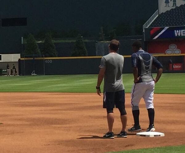 Ronald Acuna participated in base-running drills Saturday as he the team assesses his readiness for a rehab assignment. (Gabe Burns / AJC)