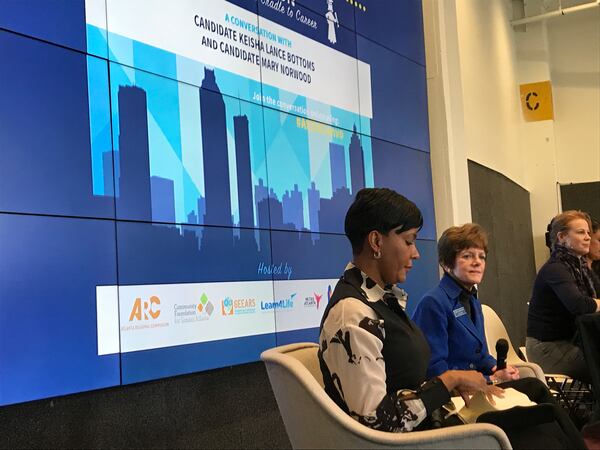 Atlanta mayoral candidates Keisha Lance Bottoms, left, and Mary Norwood at Friday's education conversation.