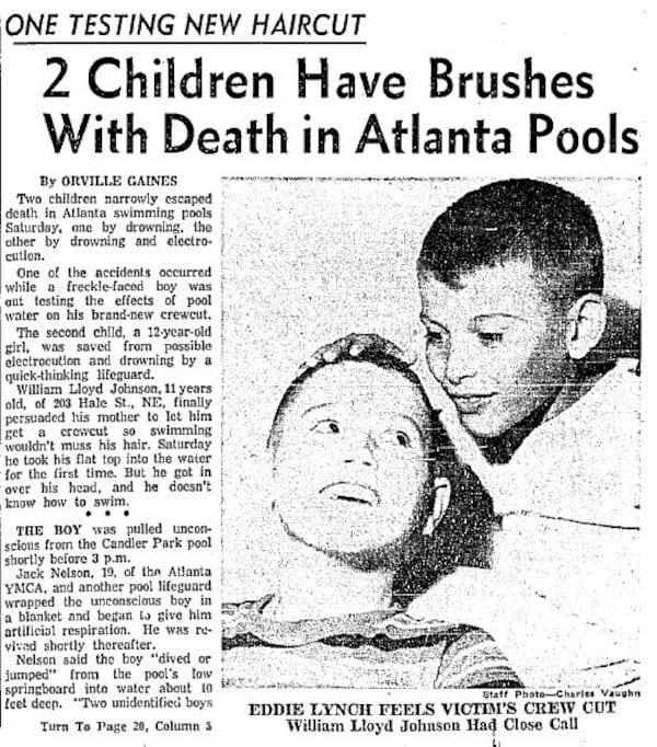 The original caption for this June 1959 photo reads: "Eddie Lynch feels victim's crew cut. William Lloyd Johnson had close call."