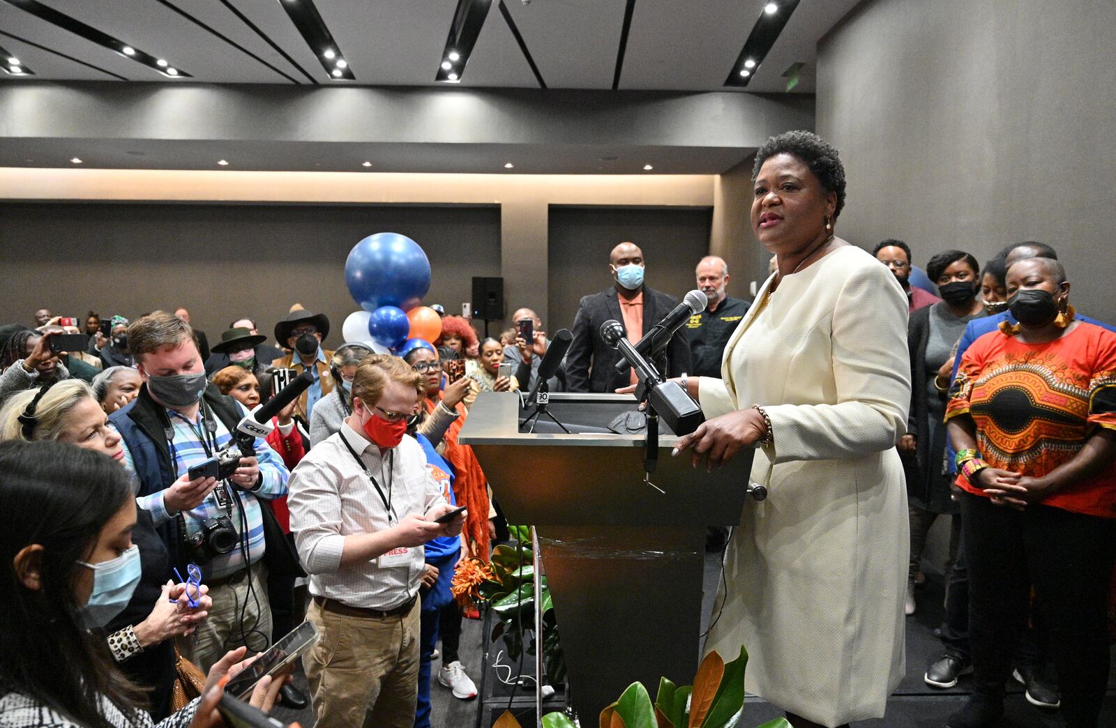 November 30, 2021 Atlanta - Atlanta mayoral candidate Felicia Moore speaks during a runoff election watch party held at W Atlanta hotel on Tuesday, November 30, 2021. Andre Dickens, the Atlanta native who first beat an incumbent eight years ago for a spot on the City Council, defeated Felicia Moore in Tuesday's runoff election to become Atlanta's 61st mayor. (Hyosub Shin / Hyosub.Shin@ajc.com)