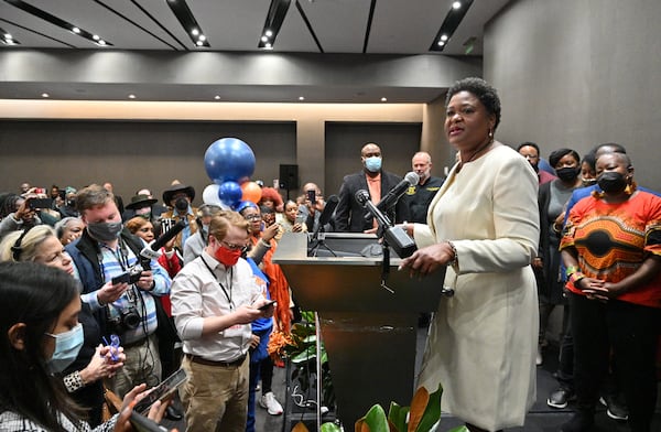 November 30, 2021 Atlanta - Atlanta mayoral candidate Felicia Moore speaks during a runoff election watch party held at W Atlanta hotel on Tuesday, November 30, 2021. Andre Dickens, the Atlanta native who first beat an incumbent eight years ago for a spot on the City Council, defeated Felicia Moore in Tuesday's runoff election to become Atlanta's 61st mayor. (Hyosub Shin / Hyosub.Shin@ajc.com)