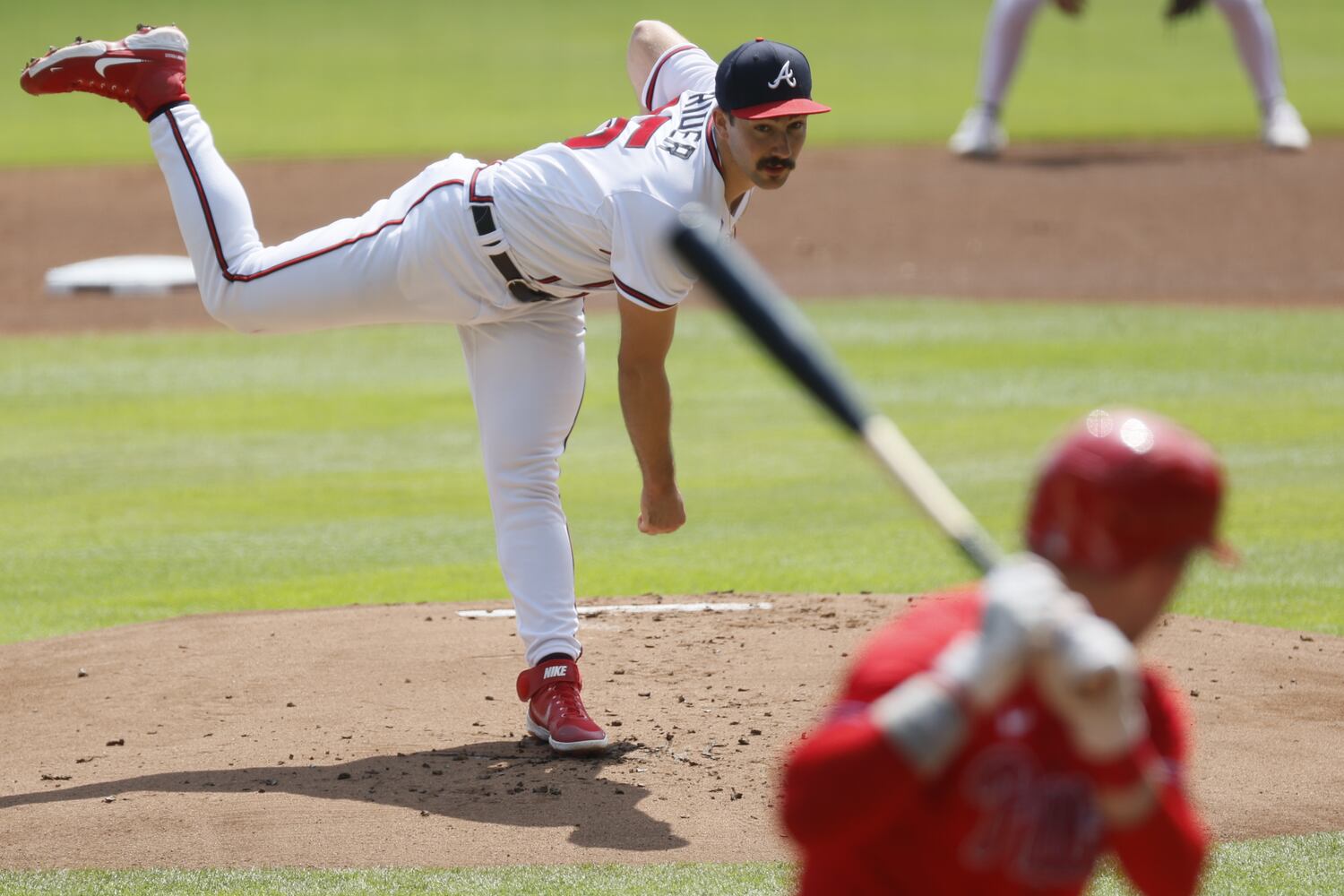 Braves starting pitcher Spencer Strider delivers during the first inning Sunday at Truist Park. (Miguel Martinez / miguel.martinezjimenez@ajc.com)