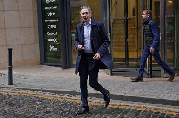 Irish Prime Minister and Fine Gael leader Simon Harris leaves Marconi House after speaking on Newstalk's Pat Kenny show, on the last day of campaigning on the eve of the General Election, in Dublin, Thursday, Nov. 28, 2024. (Brian Lawless/PA via AP)