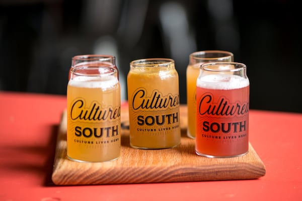  Cultured South Kombucha Flight Board with Mango Habanero, Hopped Grapefruit, Elderberry Thyme, Hibiscus, and Peach Ginger. Photo credit- Mia Yakel.