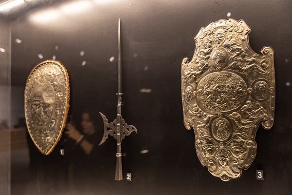 More modern shields are carved with precision and are on display in the “Knights in Armor" exhibit of European armor from the 1500s is on display at Fernbank Museum and is now open to the public on Friday, Feb 11, 2022.  (Jenni Girtman for The Atlanta Journal-Constitution)