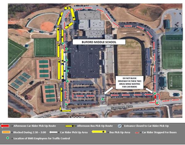 Buford Middle School parents are asked to follow the specific guidelines for picking up students in the afternoon. COURTESY OF BUFORD CITY SCHOOLS