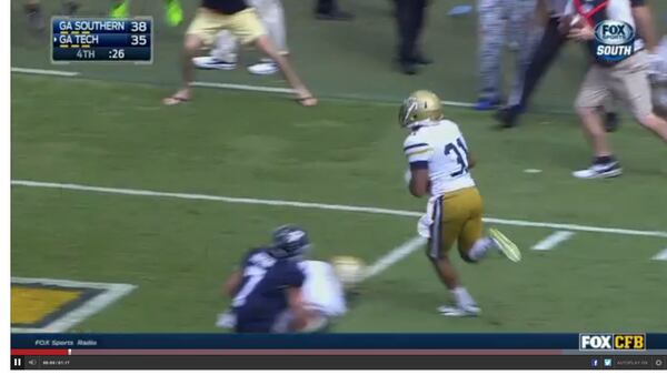 Hill scoring on his 13-yard touchdown reception to beat Georgia Southern Sept. 13.