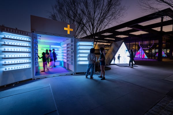 Built inside a shipping container, the future pharmacy invites guests to write down ailments they hope will be cured by funding future medical research. The artwork is part of a larger pop-up exhibit on the lawn at Ponce City Market until April 6.