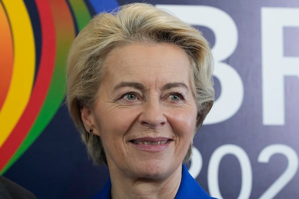 European Commission President Ursula von der Leyen, attends during a bilateral meeting with Brazil's President Luiz Inacio Lula da Silva, a day before the opening of the G20 Summit, in Rio de Janeiro, Sunday, Nov. 17, 2024. (AP Photo/Eraldo Peres)