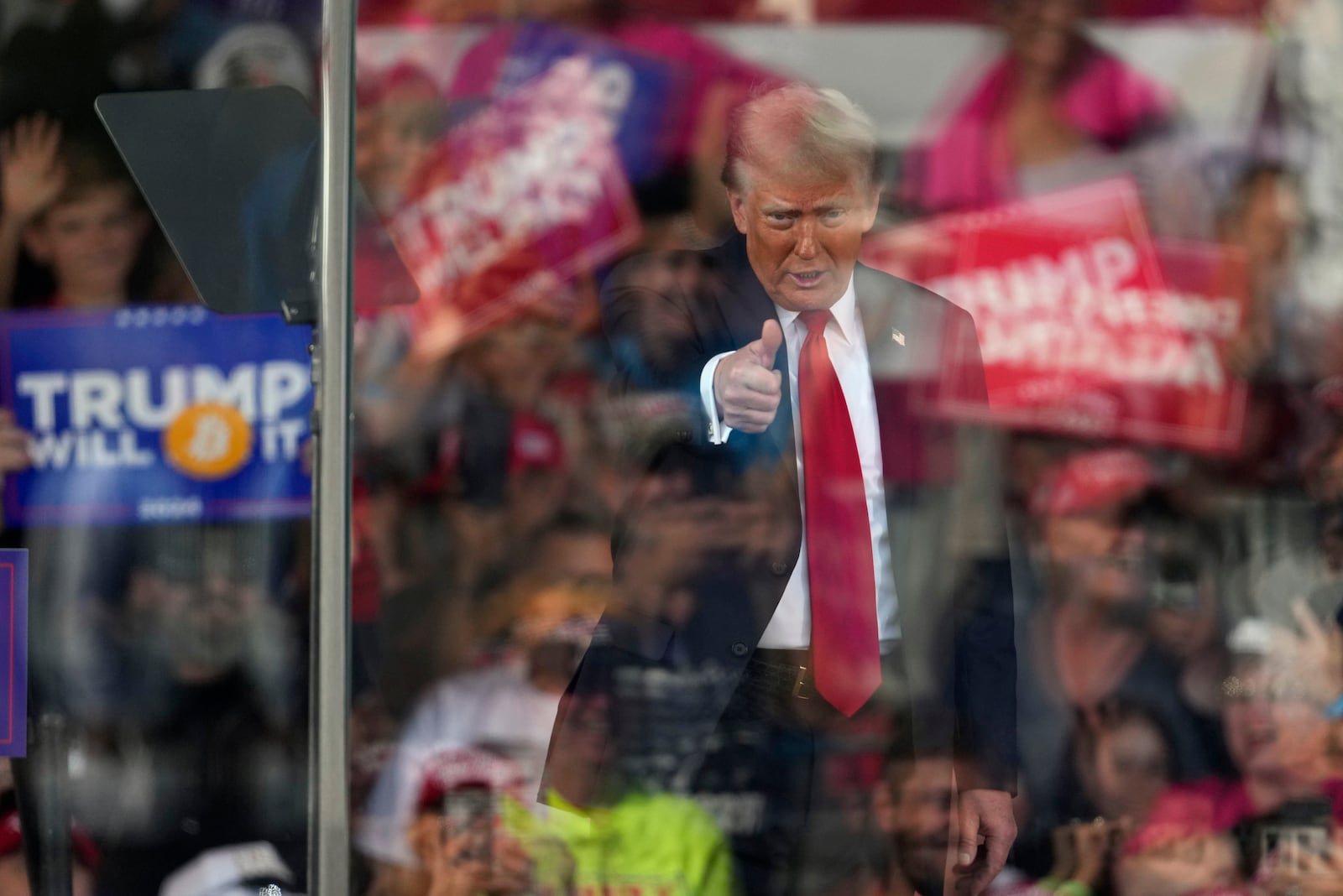 Republican presidential nominee former President Donald Trump gestures at a campaign rally in Gastonia, N.C., Saturday, Nov. 2, 2024. (AP Photo/Chris Carlson)