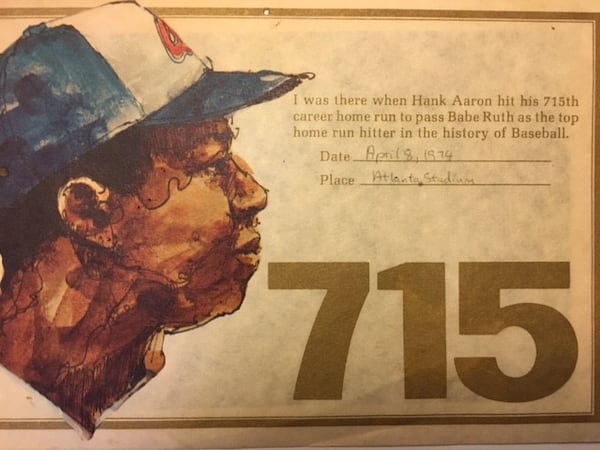 A memento from Bill Rankin attending the game in which Hank Aaron hit his 715th home run to break Babe Ruth's record.