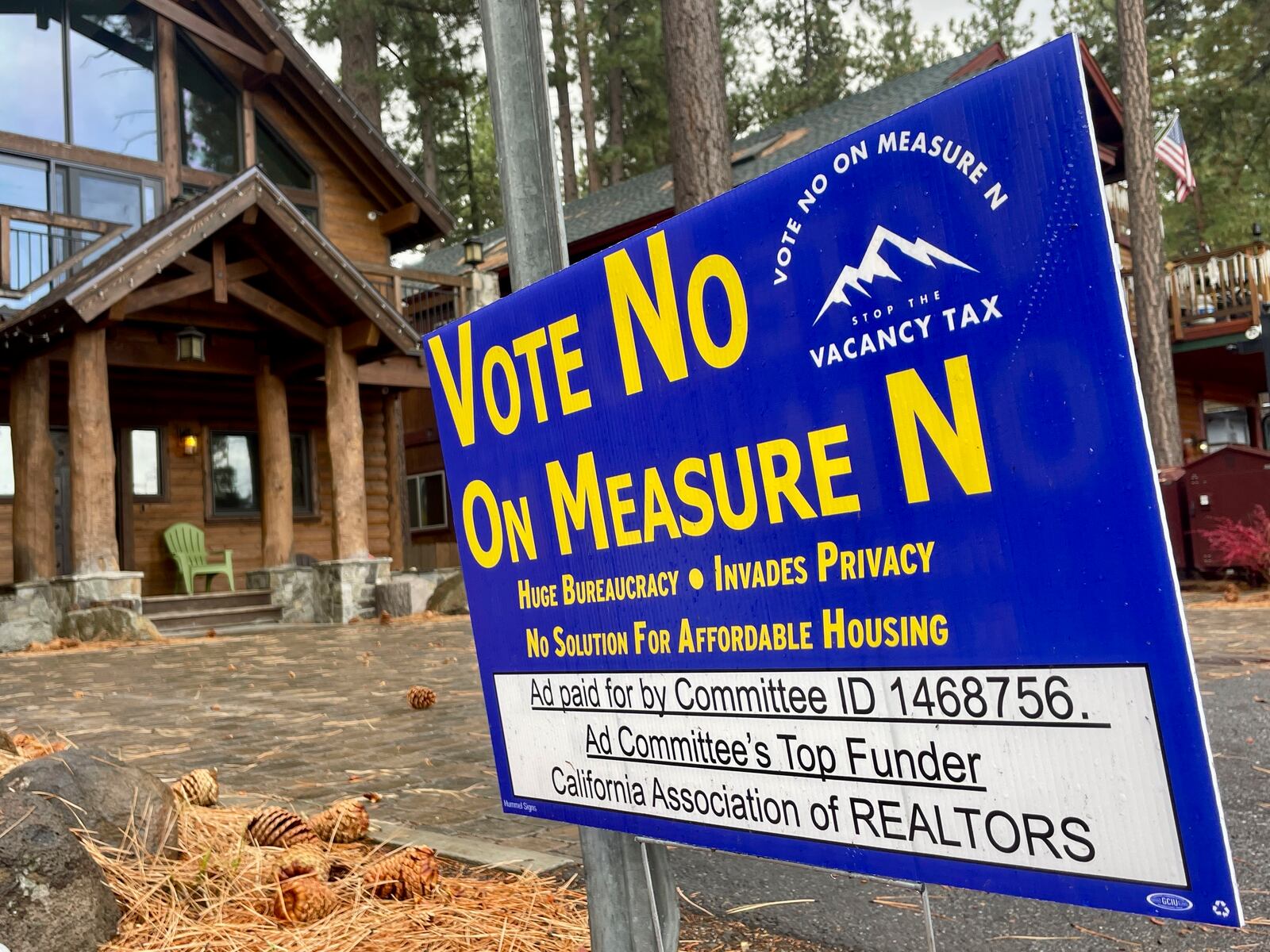 A "No on Measure N" sign sits in front of a home in South Lake Tahoe, Calif. on Thursday, Oct. 17, 2024, where voters will decide whether to approve Measure N, which will mandate a tax to homeowners who leave their homes vacant for more than half the year. (AP Photo/Haven Daley)