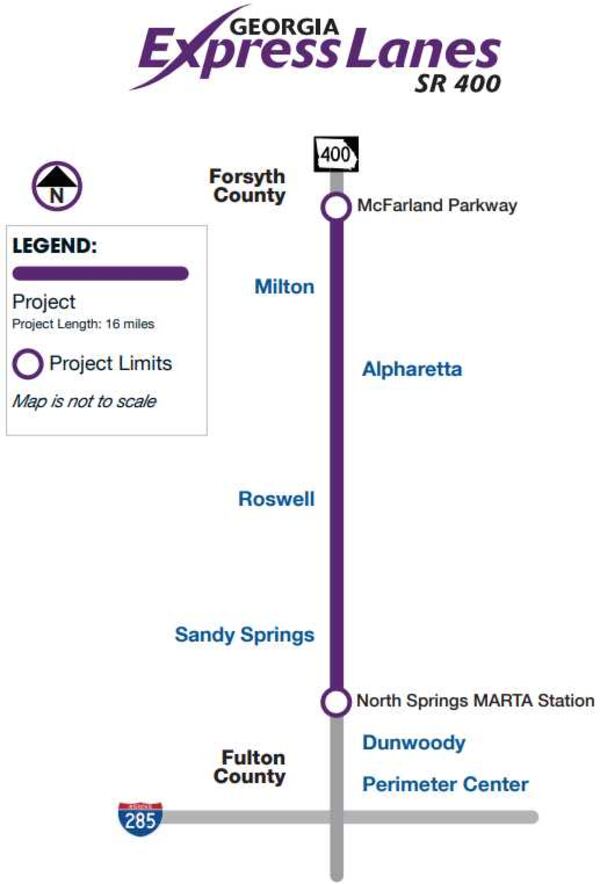 Here's the map showing where, under this proposal, the new Ga. 400 express lanes would be located. (Courtesy: Georgia Department of Transportation)