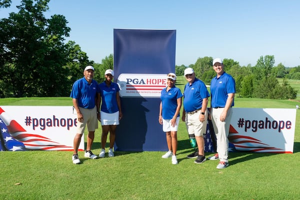 The Georgia team tied for fourth at the Secretary's Cup. From left, James “Butch” Vincent, United States Army; Funmilayo “Funmi” Aranmolate, United States Air Force; Karen Cooper, United States Army; Tom Gilmore, United States Army, 2021 Georgia PGA HOPE Ambassador and Purple Heart recipient (Vietnam War); PGA professional Jason Kuiper, the director of instruction at Bobby Jones Golf Course.