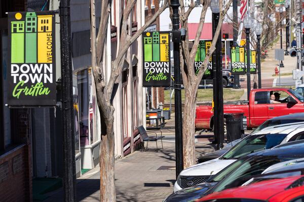 A view of downtown Griffin on Monday, February 19, 2024. (Arvin Temkar / arvin.temkar@ajc.com)