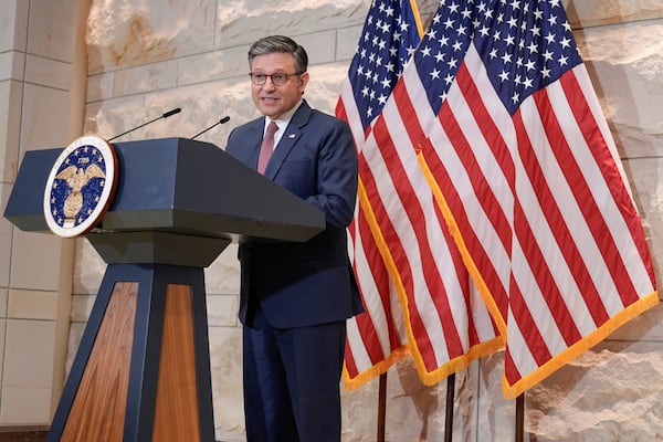 Speaker of the House Mike Johnson, R-La., talks to reporters before a meeting on Capitol Hill in Washington on Thursday, Dec. 5, 2024. (Mariam Zuhaib/AP)