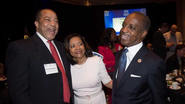 DeKalb CEO Mike Thurmond (R) talks with Thomas Dortch Jr. (L) and his wife Zola Thurmond (C) before delivering his State of the County address at a  luncheon at the Thalia N. Carlos Hellenic Community Center in Atlanta on Thursday, March 30, 2017. STEVE SCHAEFER / SPECIAL TO THE AJC