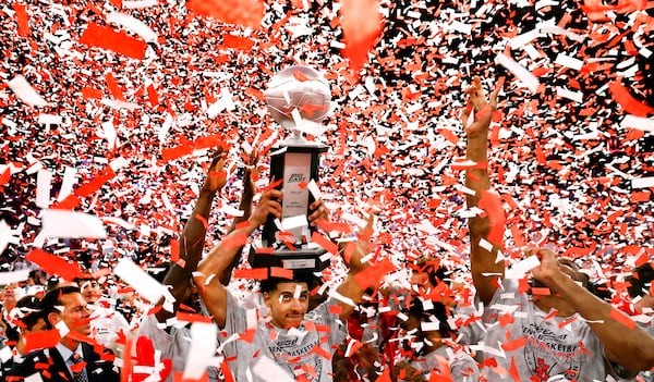 St. John's guard RJ Luis Jr. celebrates with Zuby Ejiofor after winning the Big East regular season conference title NCAA college basketball game against Seton Hall, Saturday, March 1, 2025, in New York. (AP Photo/Noah K. Murray)