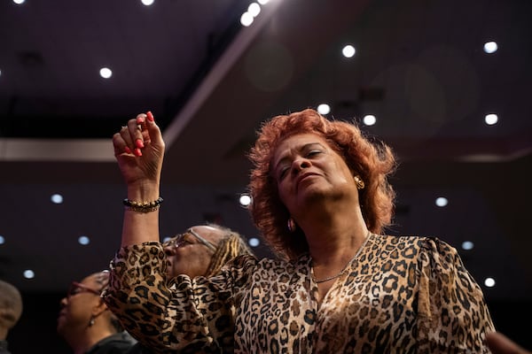 Fans and friends gather to celebrate the life of singer and actress Angie Stone, Friday, March 14, 2025, in Austell. Ga. (AP Photo/Olivia Bowdoin)