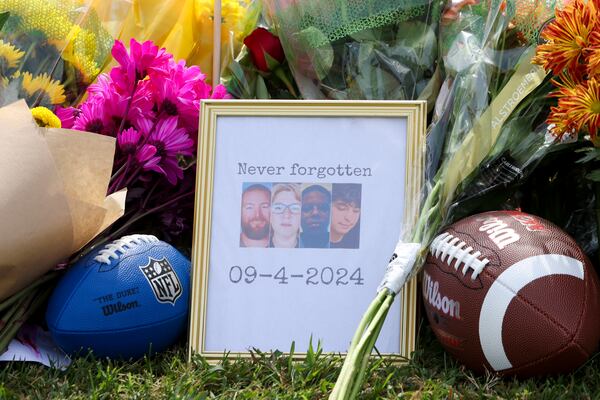 A memorial for the four people fatally shot last week at Apalachee High School in Winder features their photos: (left to right) Richard “Ricky” Aspinwall, Cristina Irimie, Mason Schermerhorn, and Christian Angulo.