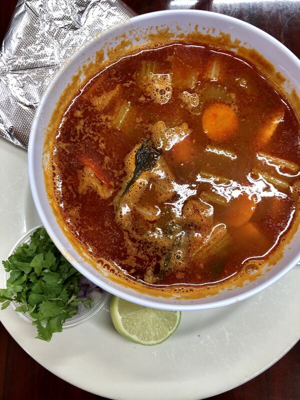 The caldo de camarones (shrimp soup) at Don Burrito Grill at the State Farmers Market in Forest Park. CONTRIBUTED BY WENDELL BROCK