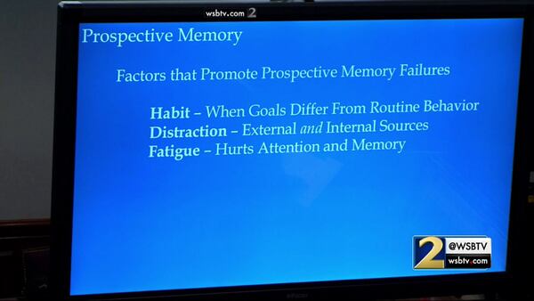 The defense shows the jury factors that could lead to a memory failure, according to memory expert Dr. Gene Brewer, during the murder trial of Justin Ross Harris at the Glynn County Courthouse in Brunswick, Ga., on Thursday, Nov. 3, 2016. (screen capture via WSB-TV)