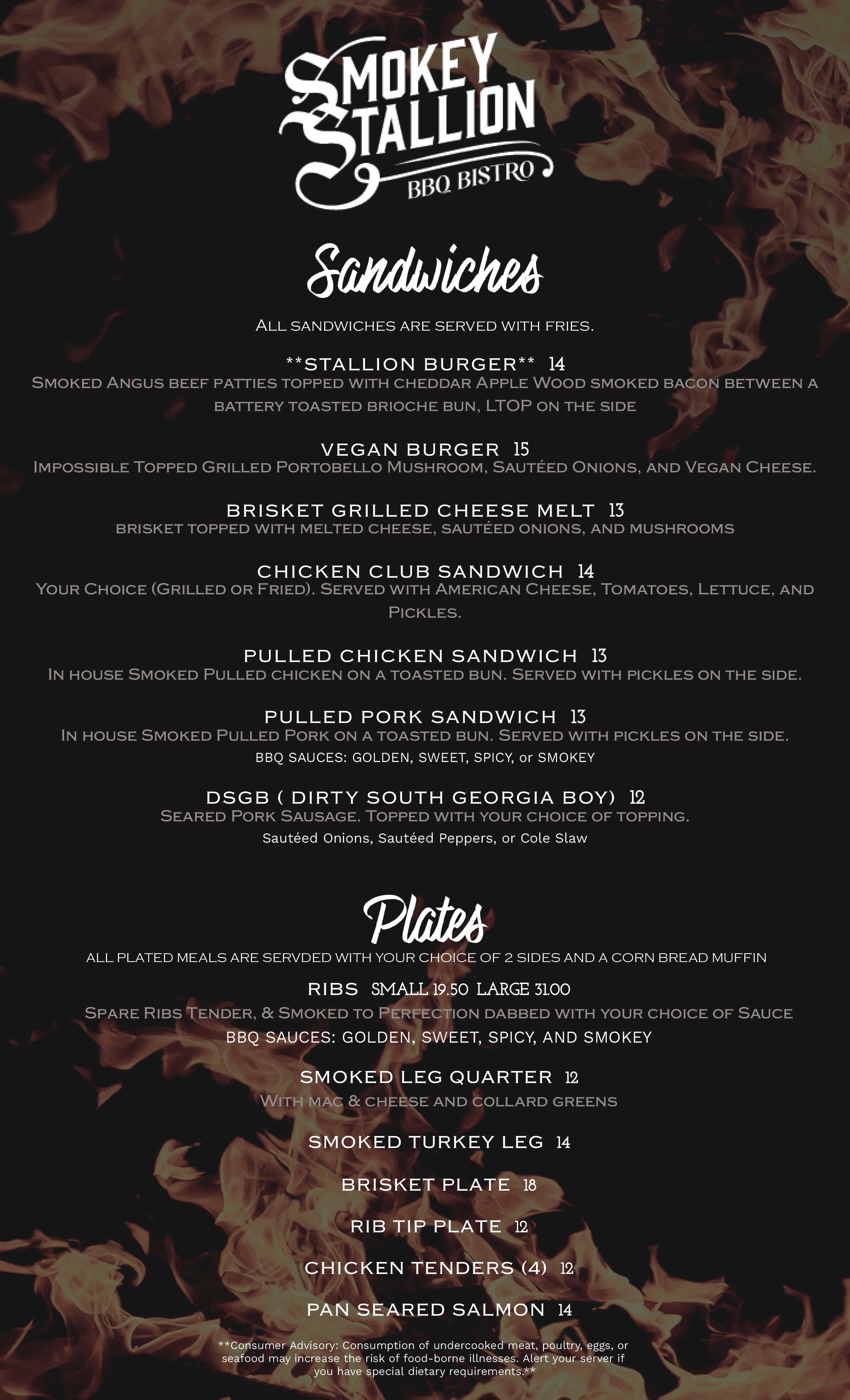 The menu from Smokey Stallion.