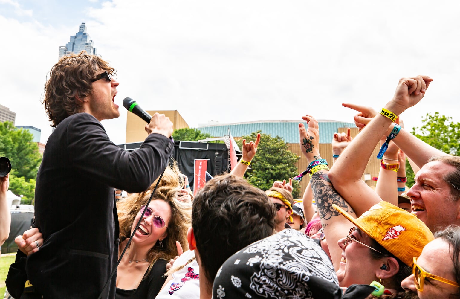 Atlanta, Ga: Bad Nerves killed with high flying acrobats and punk songs to an audience of crowd-surfing fanatics. Photo taken Saturday May 4, 2024 at Central Park, Old 4th Ward.  (RYAN FLEISHER FOR THE ATLANTA JOURNAL-CONSTITUTION)