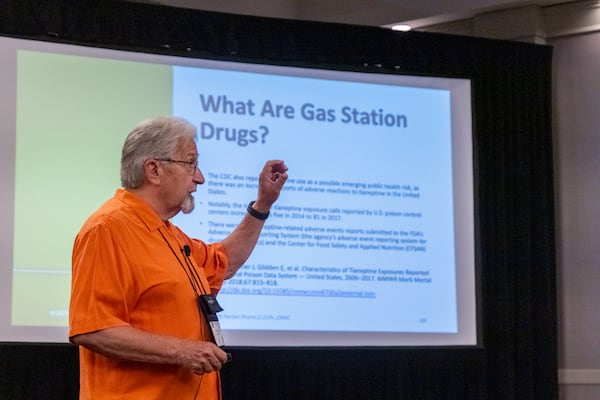 Merrill Norton, clinical associate professor emeritus of pharmacy at the University of Georgia, speaks to addiction counselors in training about substances available to shoppers both legal and illegal, on Wednesday, August 28, 2024 in Savannah, GA. (AJC Photo/Katelyn Myrick)