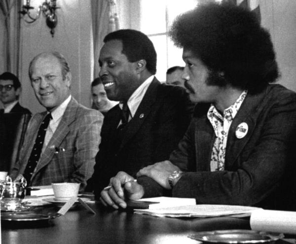  President Ford talks with Vernon Jordan, center, executive director of the National Urban League, and the Rev. Jesse Jackson, national president of operation "PUSH", in 1974  during a meeting with civil rights leaders at the White House. (AP Wirephoto)