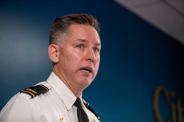 03/17/2021 —Atlanta, Georgia — Cherokee County Sheriff Frank Reynolds makes remarks during a press conference at the Atlanta Police Department Headquarters in Atlanta, Wednesday, March 17, 2021.  (Alyssa Pointer / Alyssa.Pointer@ajc.com)