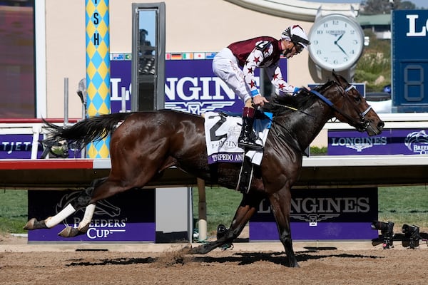 Brian Hernandez Jr. reacts as he rides Thorpedo Anna to victory in the Breeders' Cup Distaff horse race in Del Mar, Calif., Saturday, Nov. 2, 2024. (AP Photo/Gregory Bull)