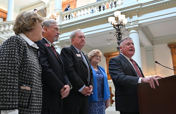 Georgia Commissioner of Insurance and Safety Fire John King at the Georgia State Capitol on Tuesday, March 29, 2022, announcing the state of Georgia fined Anthem/Blue Cross Blue Shield $5 million for a repeated, years-long pattern of violations of policyholder’s rights. “Since my first day in office we have been inundated with complaints about Anthem from individuals, from doctors, hospitals and others from all corners and across Georgia,” King said. Weeks later that year Anthem changed its name to Elevance. (Hyosub Shin / Hyosub.Shin@ajc.com)