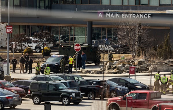 Law enforcement respond to the scene of a shooting at UPMC Memorial Hospital in York, Pa. on Saturday, Feb. 22, 2025. (Sean Simmers /The Patriot-News via AP)