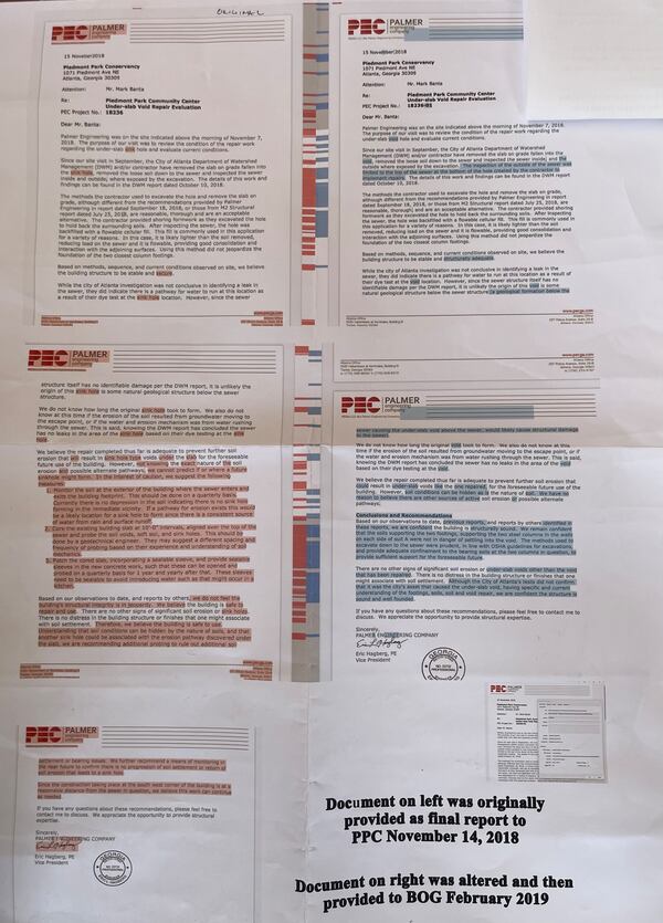In 2018, a sinkhole occurred under a restaurant under construction at Piedmont Park. The business owners suing the city said the park's conservancy has been trying to obscure what really happened. They point to an "altered" engineering report that downplays the serious of the sinkhole. (Courtesy)