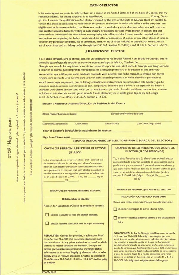 The back of the absentee ballot envelope used in Gwinnett County in 2018 is "cramped and difficult for voters to read and understand," according to a federal lawsuit filed Wednesday, Nov. 6, 2018.