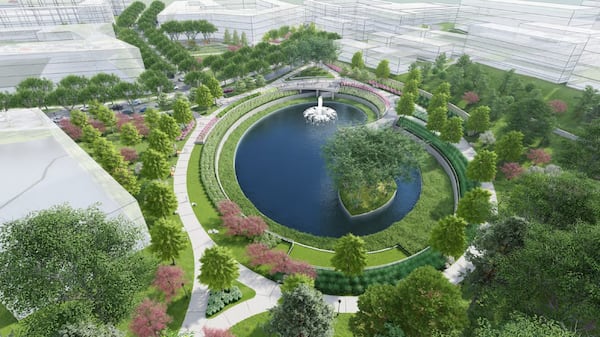 A rendering of the stormwater pond intended to serve the 30.4-acre site of the forthcoming Englewood Manor housing community in Atlanta's Chosewood Park area. (Atlanta Housing Authority)