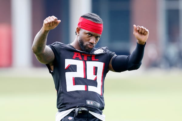 Falcons defensive back Casey Hayward (29) makes some moves with the background tunes during minicamp at Falcons Training Facility on Tuesday, June 14, 2022. Miguel Martinez / miguel.martinezjimenez@ajc.com