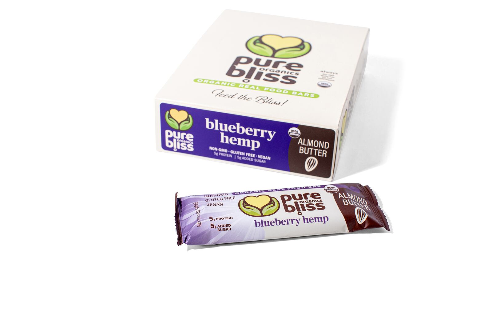 These Pure Bliss bars are made with almond butter, wild blueberries and hemp. Courtesy of Pure Bliss Organics