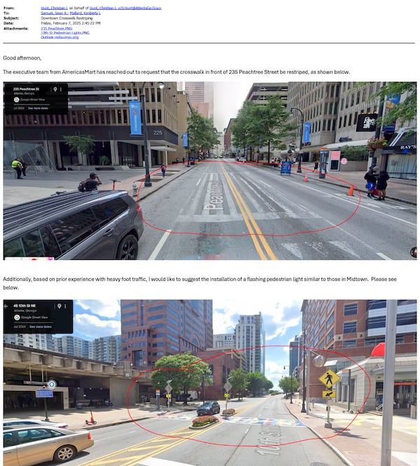 In an email dated February 7 2025, Police Major Christian L. Hunt said that an AmericasMart executive requested that the crosswalk be repainted. Hunt suggested the installation of a flashing pedestrian light similar to those at the Midtown MARTA stop.