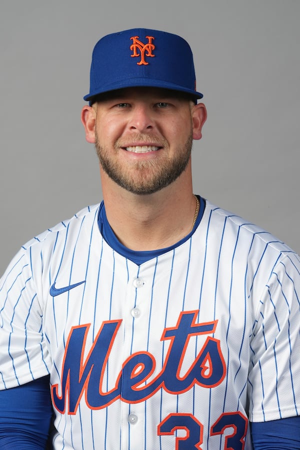 This is a 2025 photo of A.J Minter of the New York Mets baseball team Thursday, Feb. 20, 2025, in Port St. Lucie, Fla. This image reflects the Mets active roster as of Feb. 20, 2025, when the photo was taken. (AP Photo/Marta Lavandier)